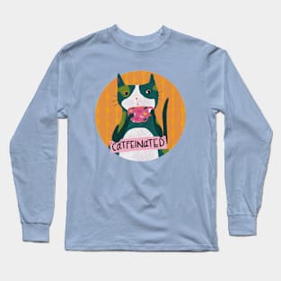 Catfeinated Cat Pun Cute Whimsical Drawing Long Sleeve T-Shirt